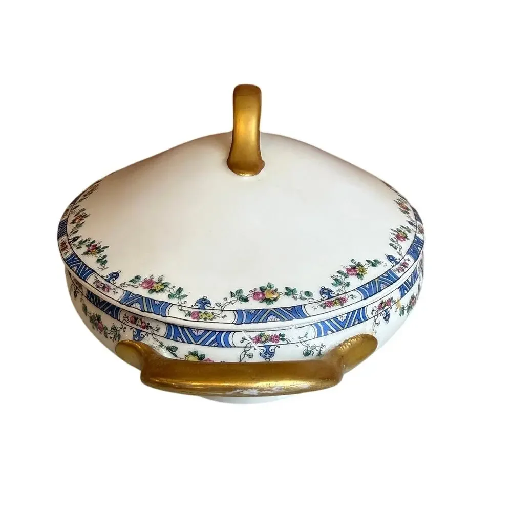 Vintage T&V Limoges France Oval Lidded Dish Blue Vine Pattern Gold Handles